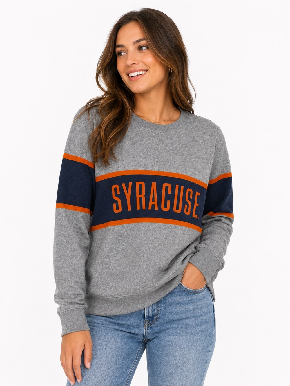 League Gray Crewneck Sweatshirt with Navy & Orange Accents